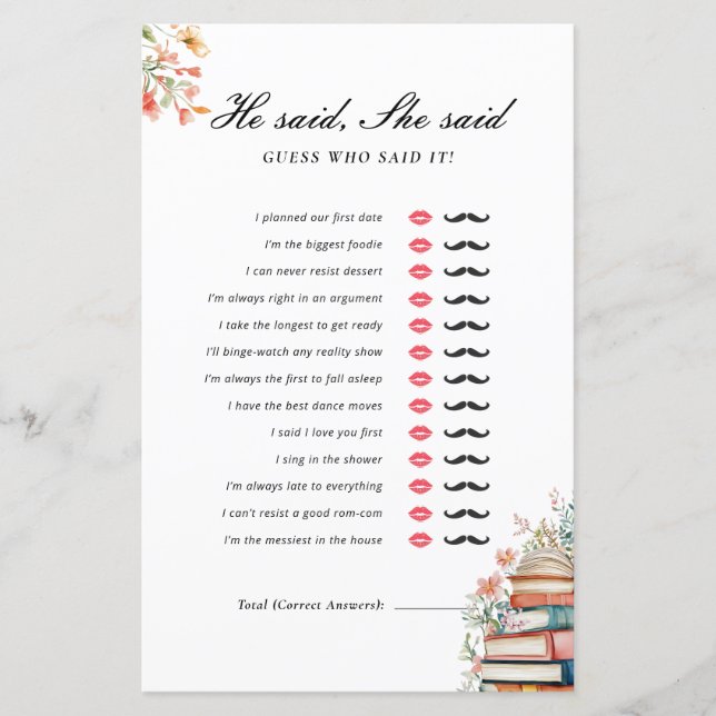 He Said She Said New Chapter Bridal Shower Game (Front)
