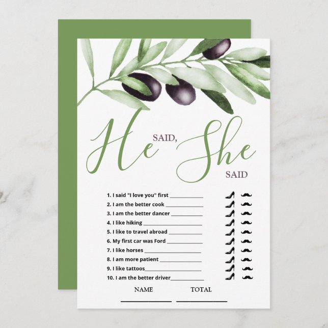 He said She Said Olive Branches Bridal Shower Card (Front/Back)