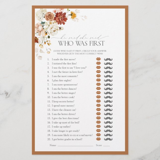 He Said She Said Orange Floral Bridal Shower Game (Front)