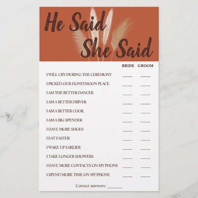 He Said She Said Pampas Couples Shower Game Card (Front)