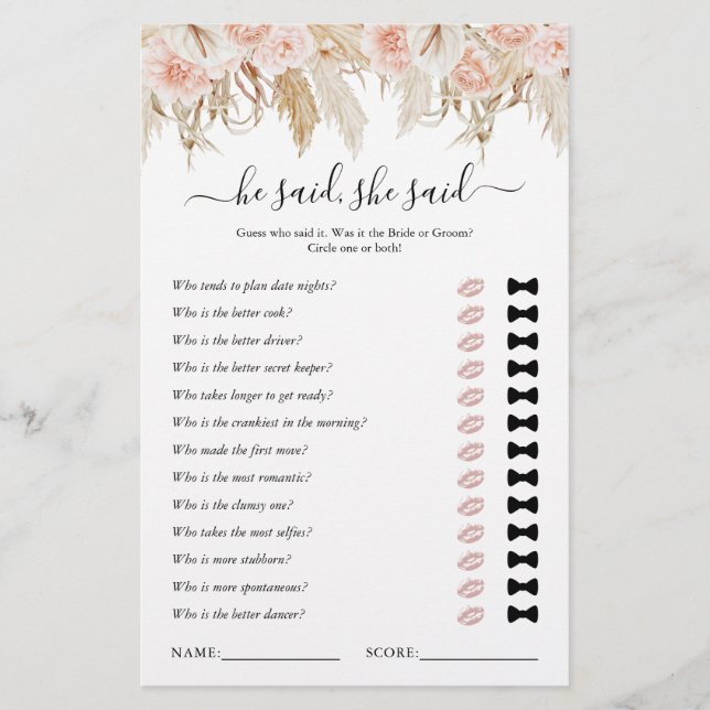 He Said She Said Pampas Grass Bridal Shower Game (Front)