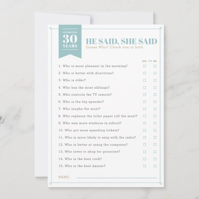 He Said, She Said Party Game (Fully customisable) Invitation (Front)