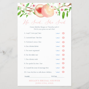 He Said She Said Peaches Bridal Shower Game Card