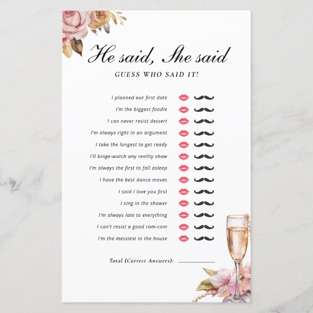 He Said She Said Pearls Prosecco Bridal Game (Front)