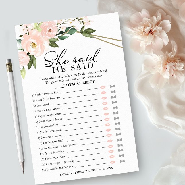 He Said She Said Pink Blush Bridal Shower Game  Flyer (Creator Uploaded)