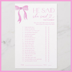 He Said She Said Pink Bow Bridal Shower Game