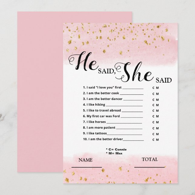 He said She said Pink Bridal Game Invitation (Front/Back)