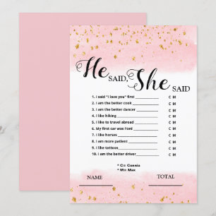 He said She said Pink Bridal Game Invitation