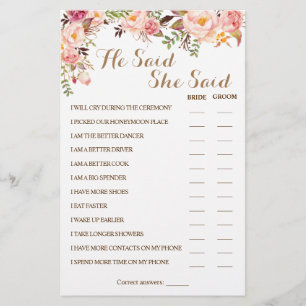He Said She Said Pink Couple Shower Game Card
