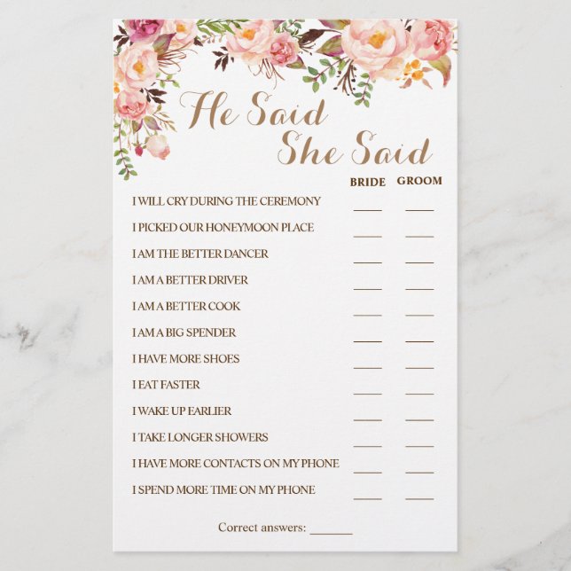 He Said She Said Pink Couple Shower Game Card (Front)