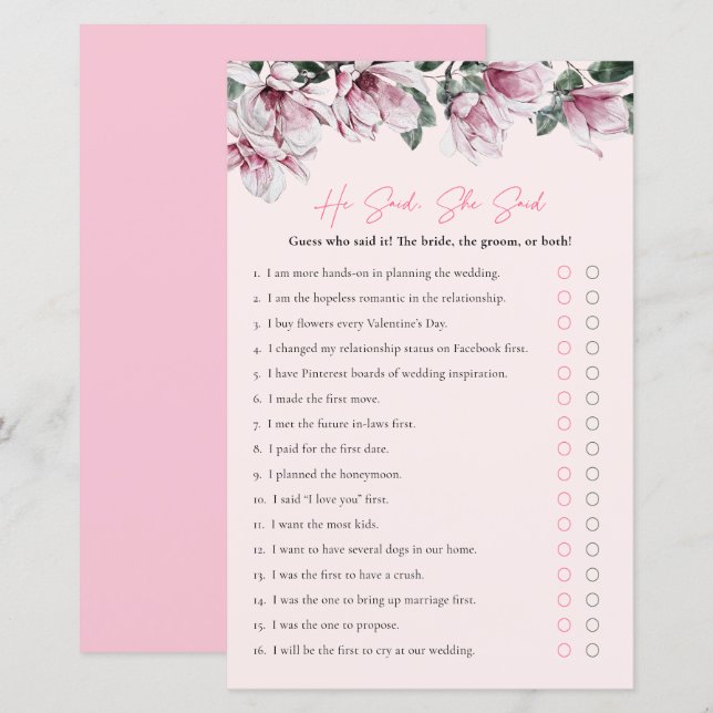 He Said, She Said | Pink Floral Bridal Shower Game (Front/Back)