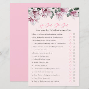 He Said, She Said   Pink Floral Bridal Shower Game