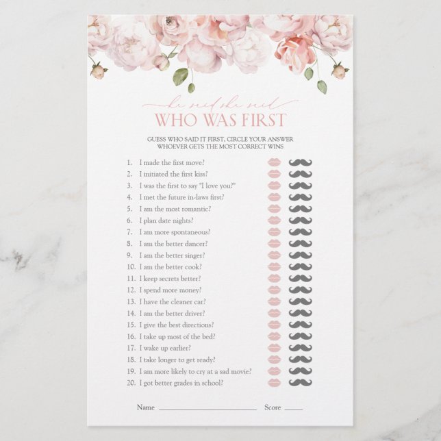 He Said She Said Pink Flowers Bridal Shower Game (Front)