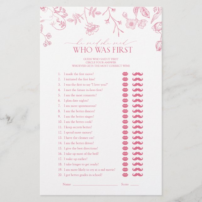 He Said She Said Pink Victorian Bridal Shower Game (Front)