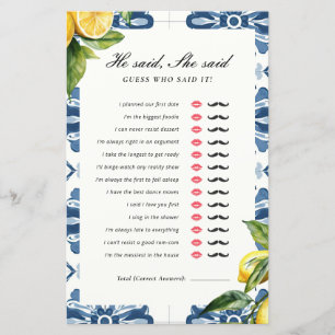 He Said She Said Positano Bridal Shower Game