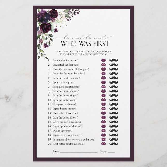 He Said She Said Purple Floral Bridal Shower Game (Front)