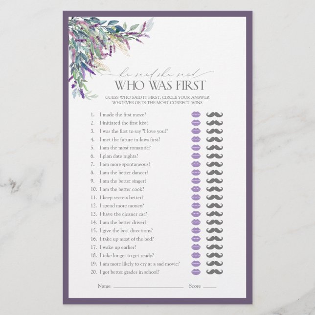 He Said She Said Purple Floral Bridal Shower Game (Front)