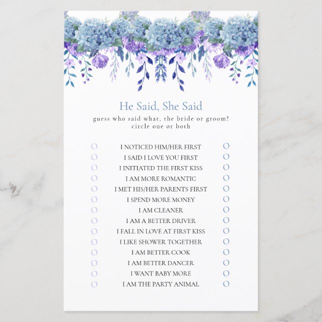 He Said, She Said Purple Floral Bridal Shower Game (Front)