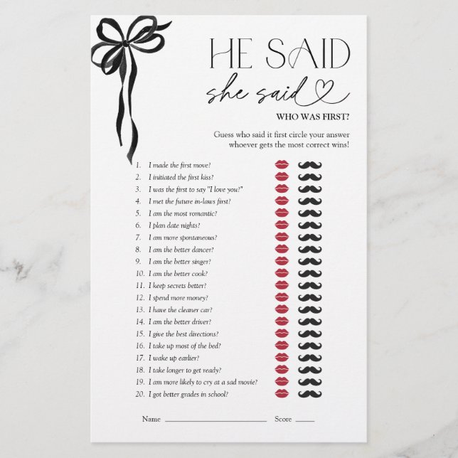 He Said She Said Red Black Bow Bridal Shower Game (Front)