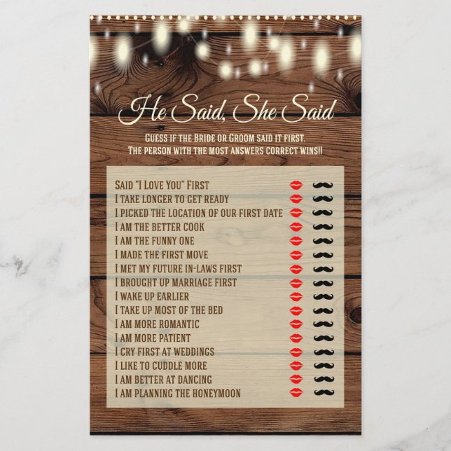 He Said She Said Rustic Wood Bridal Shower Game (Front)