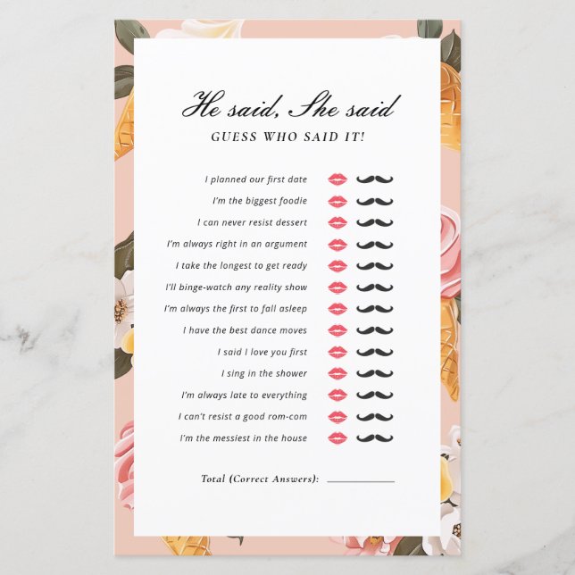 He Said She Said Scooped Up Bridal Shower Game (Front)