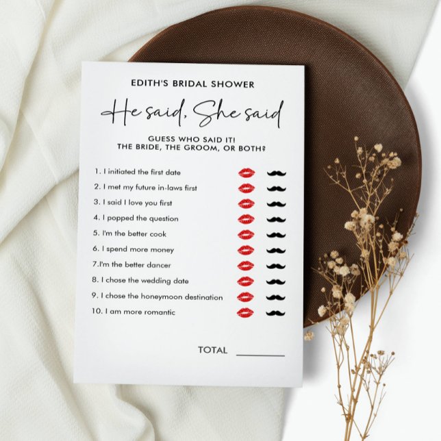 He said She said Simple Handwritten BRIDAL SHOWER (HE SAID SHE SAID BRIDAL OR COUPLE SHOWER GAME)