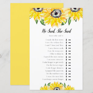 He Said She Said Sunflower Bridal Shower Game