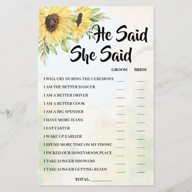 He Said She Said Sunflower Bridal Shower Game Card (Front)