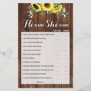 He Said She Said Sunflower Bridal Shower Game Card