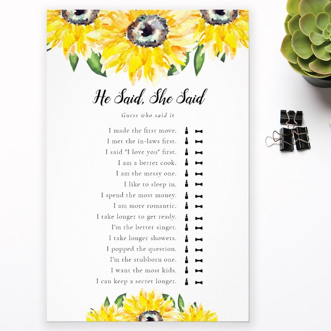 He Said She Said Sunflower Bridal Shower Game Flyer (Creator Uploaded)
