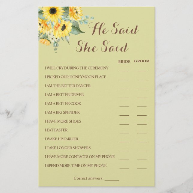 He Said She Said Sunflower Couple Shower Game Card (Front)
