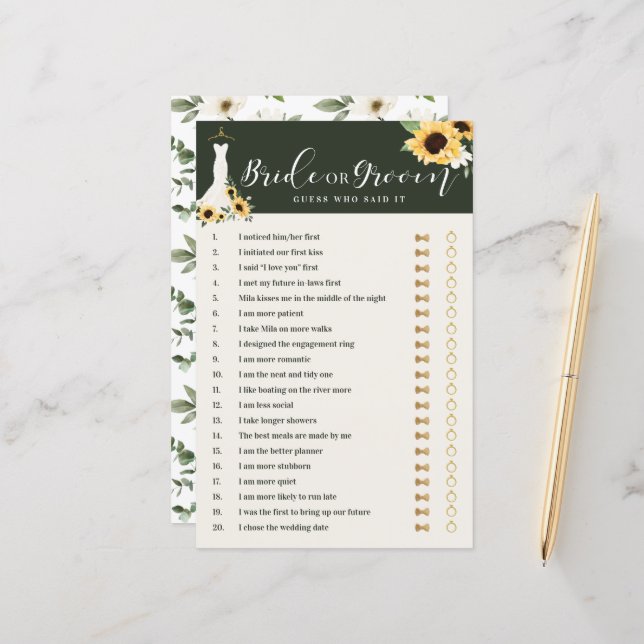 He Said She Said Sunflower Gown Bridal Shower Game (Front/Back In Situ)