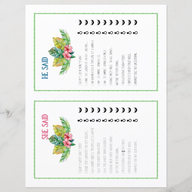 He Said She Said Tropical Bridal Shower Game (Front)