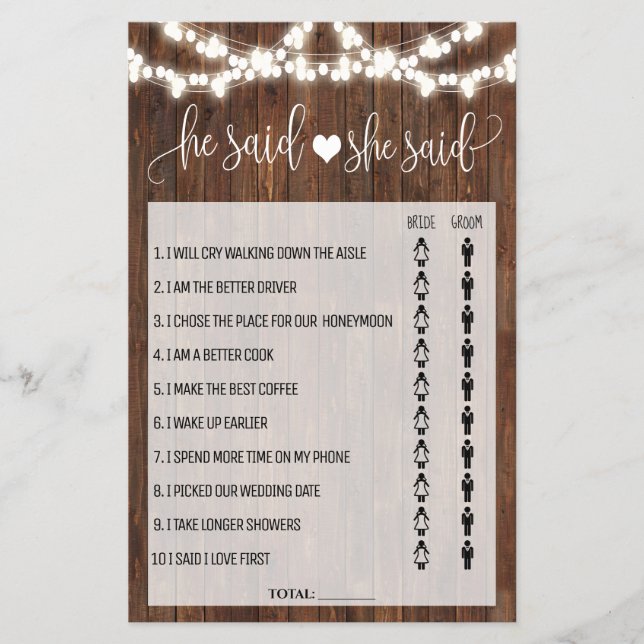 He said She said Western Bridal Shower game card (Front)