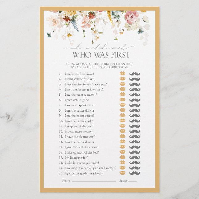 He Said She Said Wildflower Bridal Shower Game (Front)