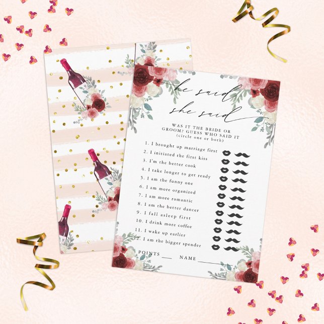 He Said, She Said Wine Floral Party Game Enclosure Card (Creator Uploaded)