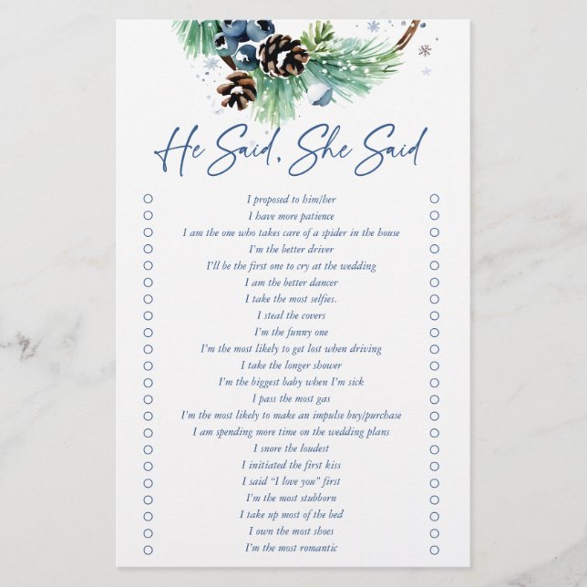 He said she said winter bridal shower game stationery (Front)