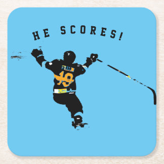 He Scores! - Ice Hockey Player Square Paper Coaster