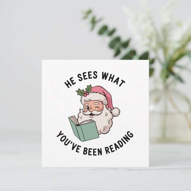 He Sees What You've Been Reading Bookish Christmas Holiday Card (Standing Front)