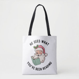 He Sees What You've Been Reading Bookish Christmas Tote Bag