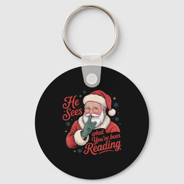 He Sees What You've Been Reading, Retro Santa Chri Key Ring (Front)
