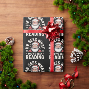 He Sees What You've Been Reading Santa Bookish Wrapping Paper