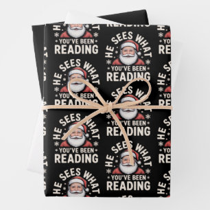 He Sees What You've Been Reading Santa Bookish Wrapping Paper Sheet