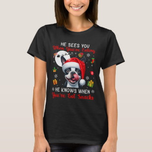 He Sees When You're Eating Snacks Xmas Boston Terr T-Shirt