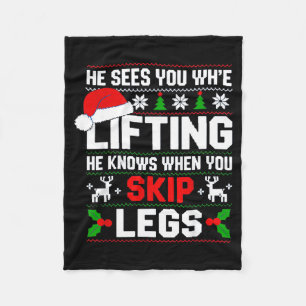 He Sees You Lifting Skip Legs Gym Enthusiasts Funn Fleece Blanket