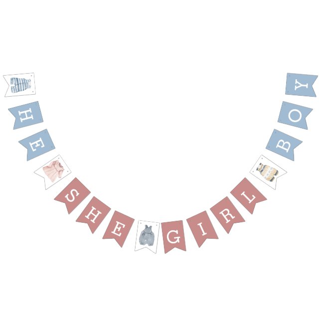 He She Girl Boy Gender Reveal Dusty Pink Blue Bunting (All)