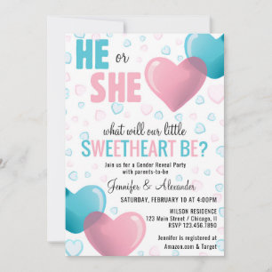 He/She Pink and Blue Hearts Gender Reveal Shower Invitation
