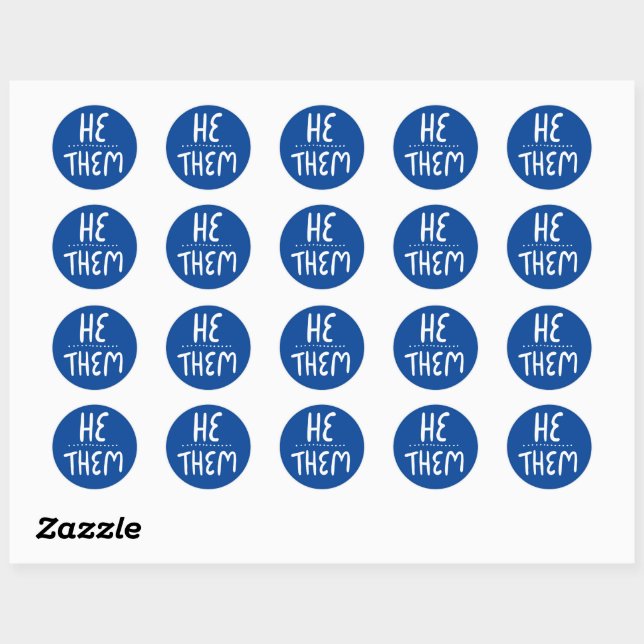 HE / THEM Pronouns Blue Handlettering Set of Classic Round Sticker (Sheet)