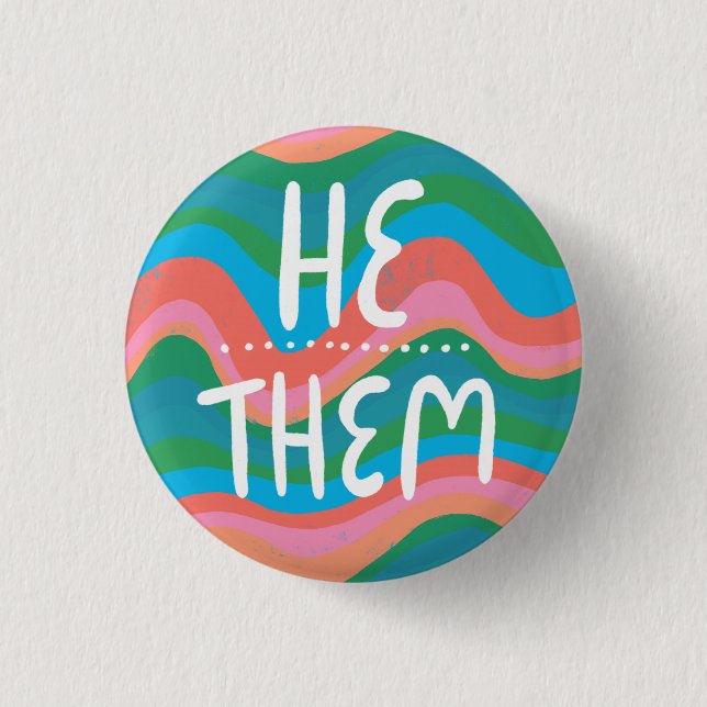 HE/THEM Pronouns Colourful Handletter Green Pink 3 Cm Round Badge (Front)