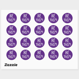 HE / THEM Pronouns Purple Handlettering Set of Classic Round Sticker